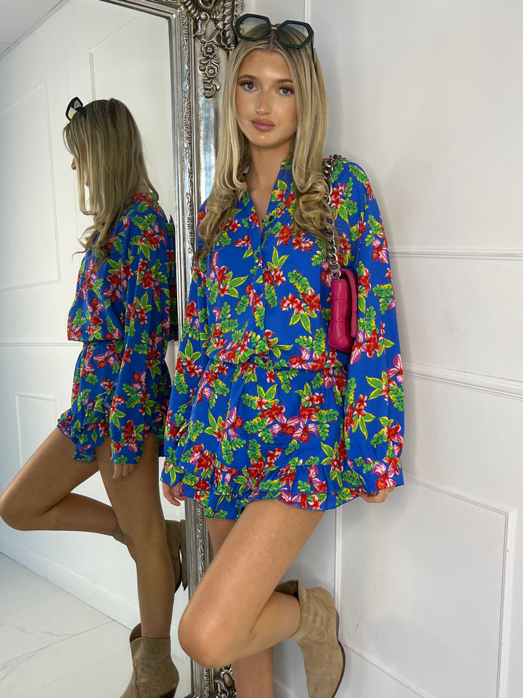Matching Long Sleeve Shirt and Frill Skort Set - Blue Floral Print