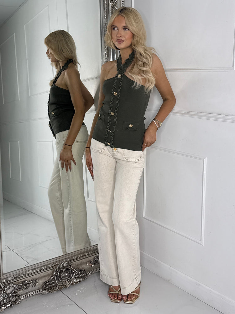 Halter Neck Gold Button Detail Top - Khaki Green
