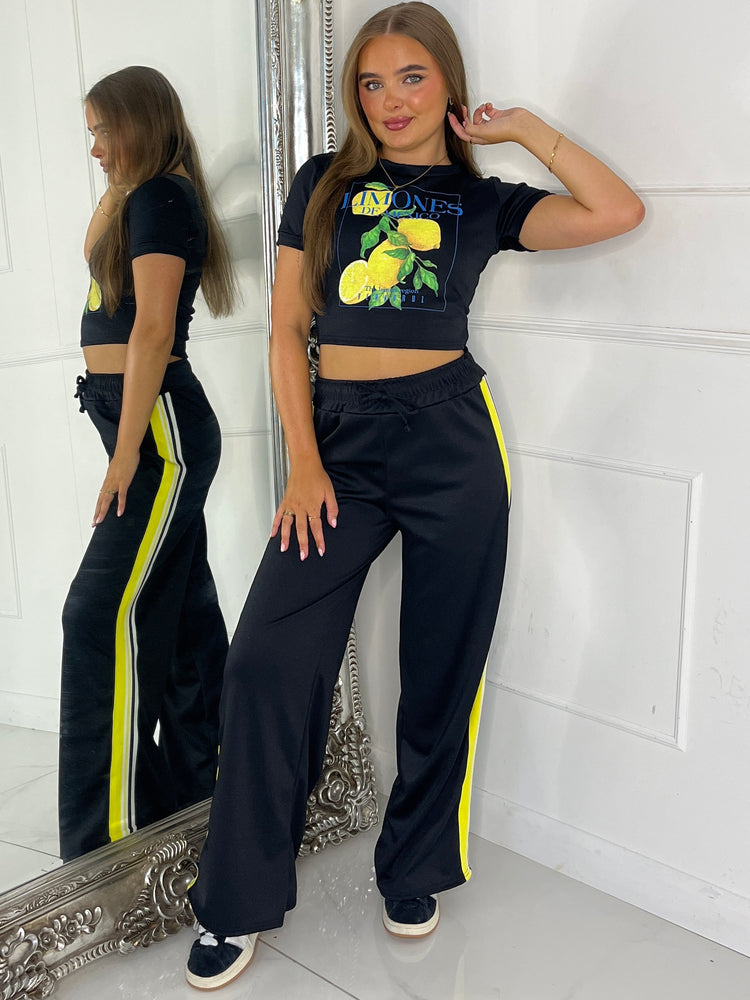 Lemon Tee & Side Stripe Trousers Co-Ord - Black