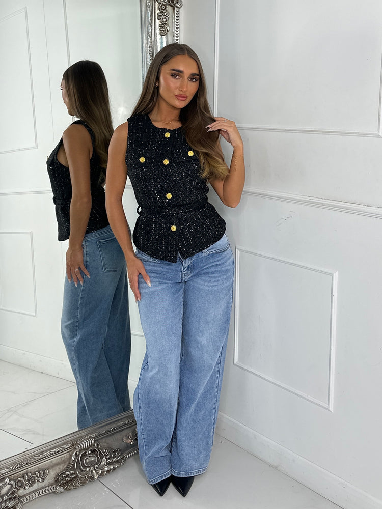 Tweed Sequin Belted Waistcoat - Black