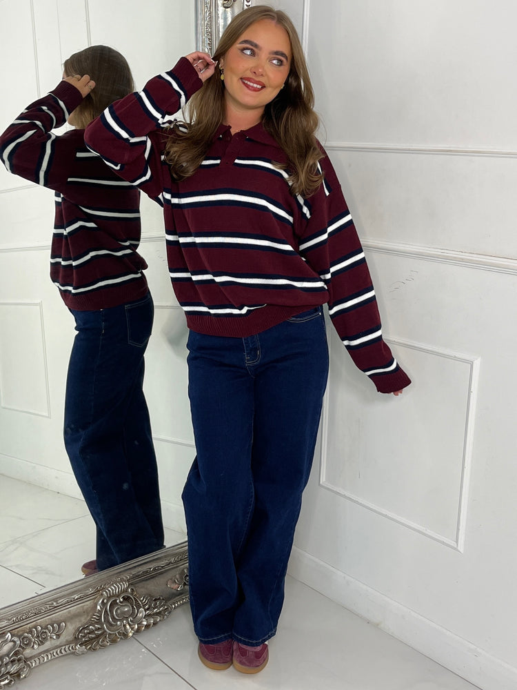 Stripe Detail Knitted Long Sleeve Jumper - Wine/Navy