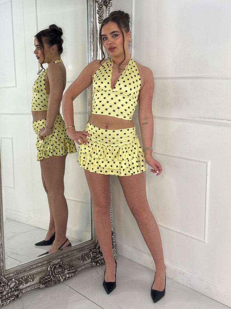 Polka Dot Halter Neck Top & Double Frill Skirt - Yellow