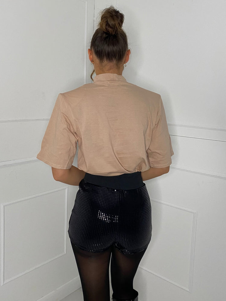 Padded Shoulder Long T-shirt - Beige