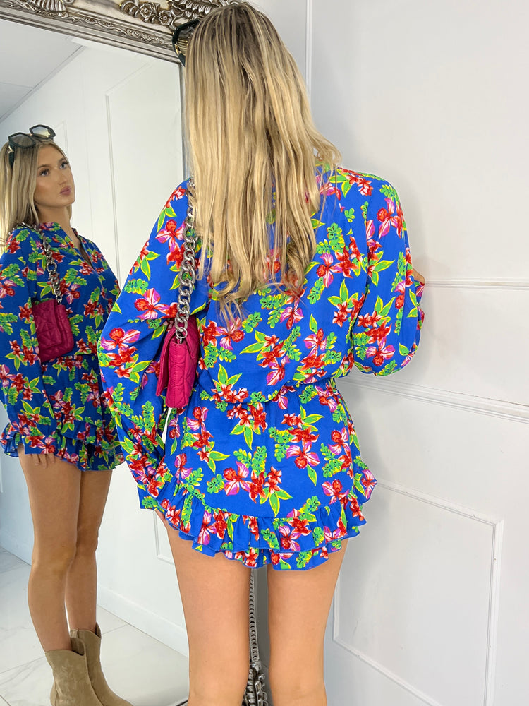 Matching Long Sleeve Shirt and Frill Skort Set - Blue Floral Print