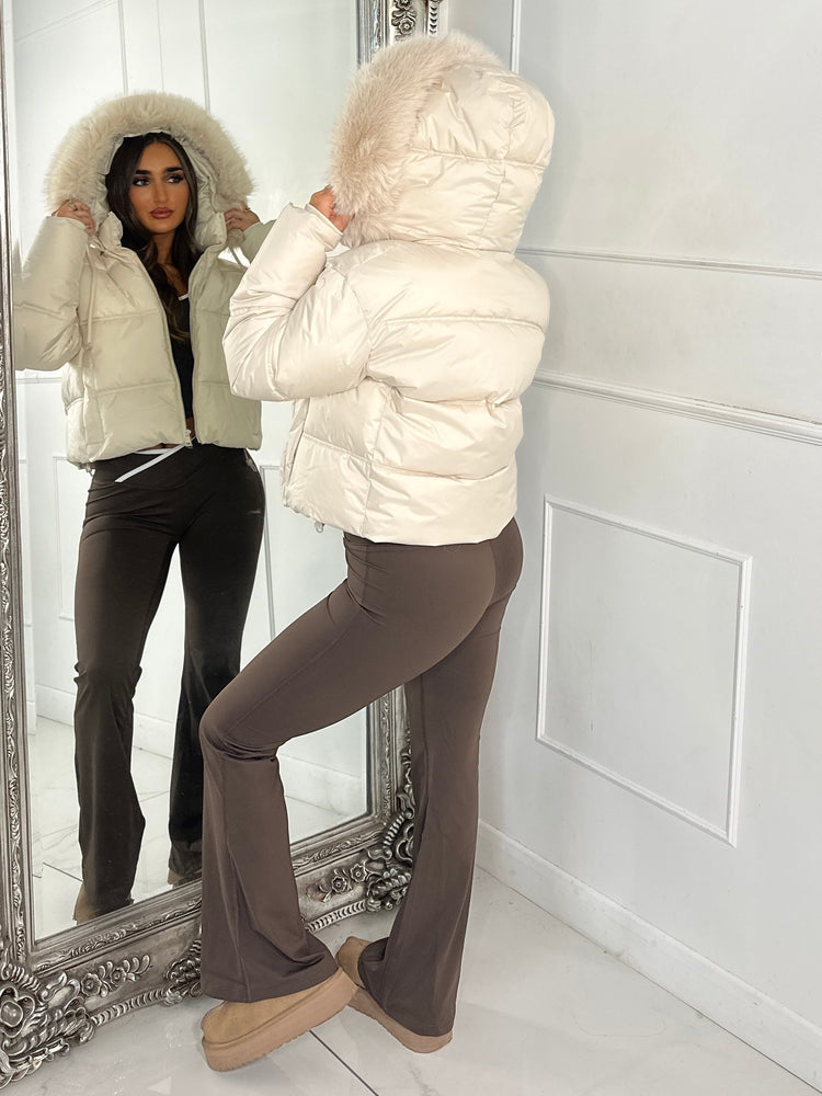 Cropped Faux Fur Trim Padded Jacket - All Cream