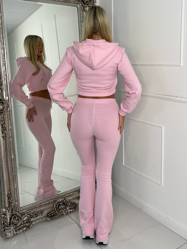 Crop Hoodie & Seam detail Flared Pants - Baby Pink