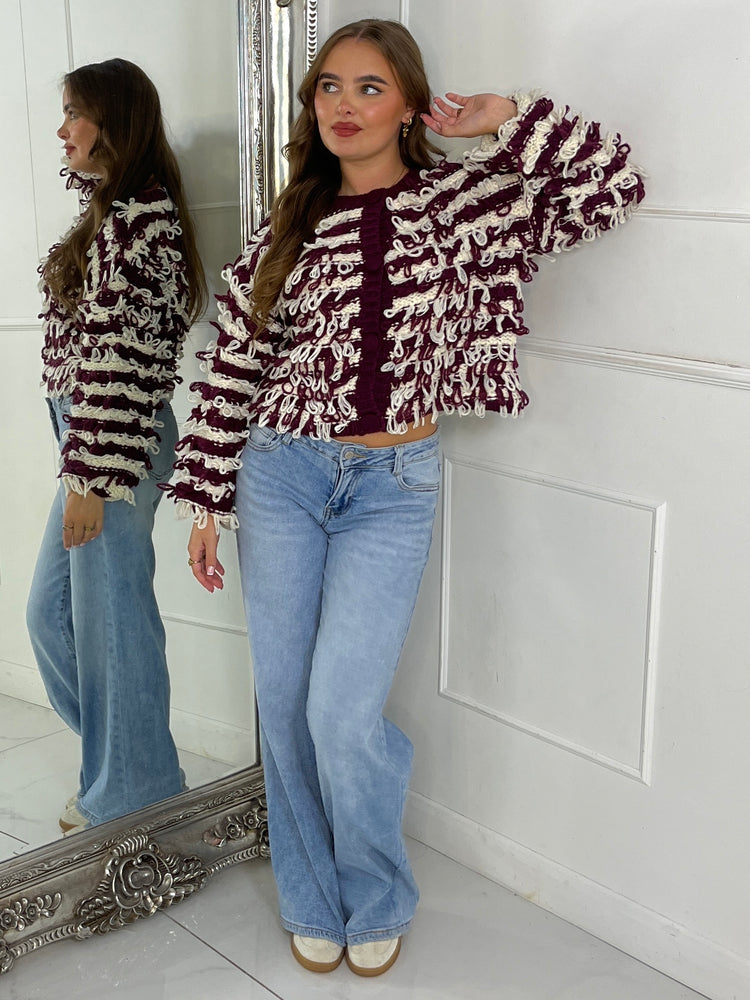 Soft Fluffy Loop Detail Cardigan - Wine/Cream Mixed