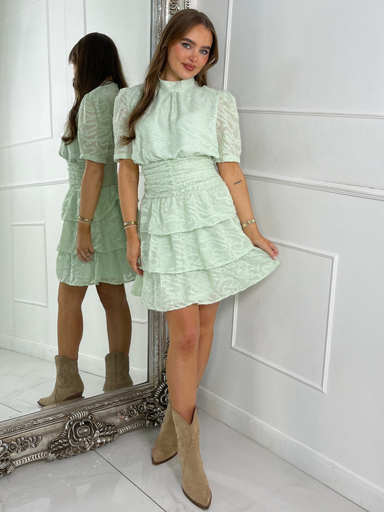 Short Sleeve Textured Frill Dress - Mint