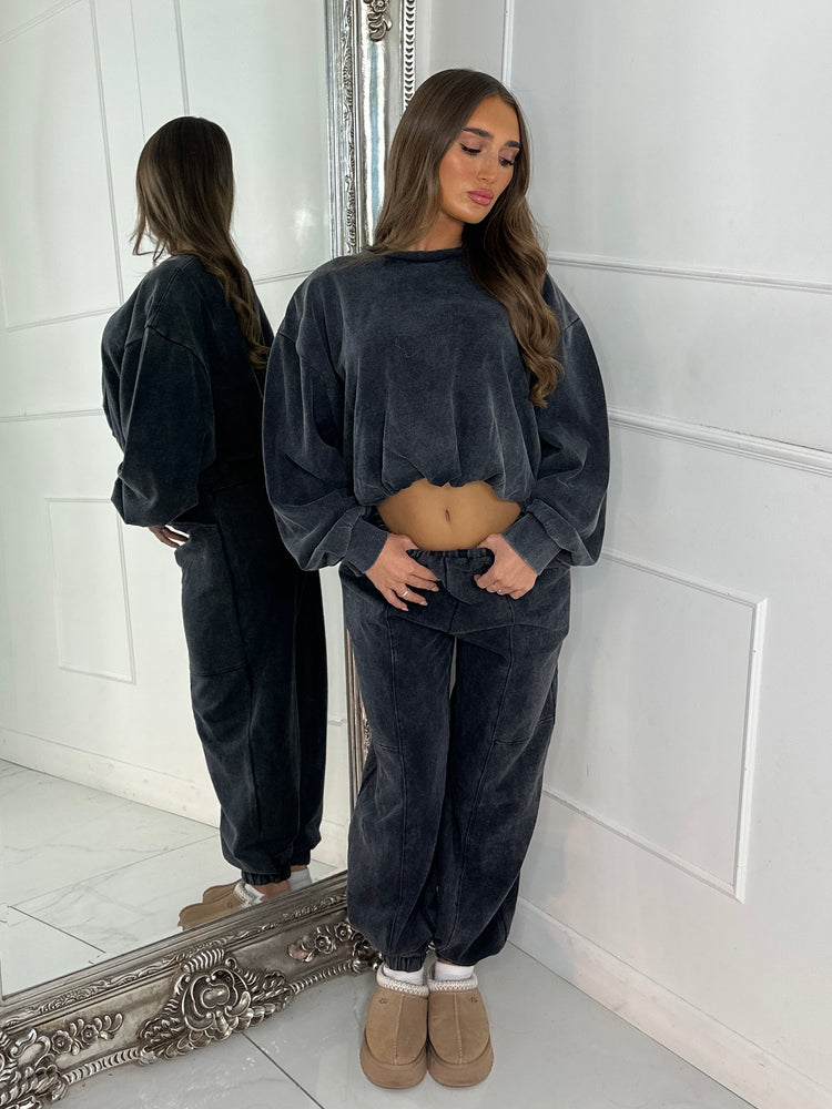 Bubble Hem Sweatshirt & Joggers Tracksuit - Acid Charcoal