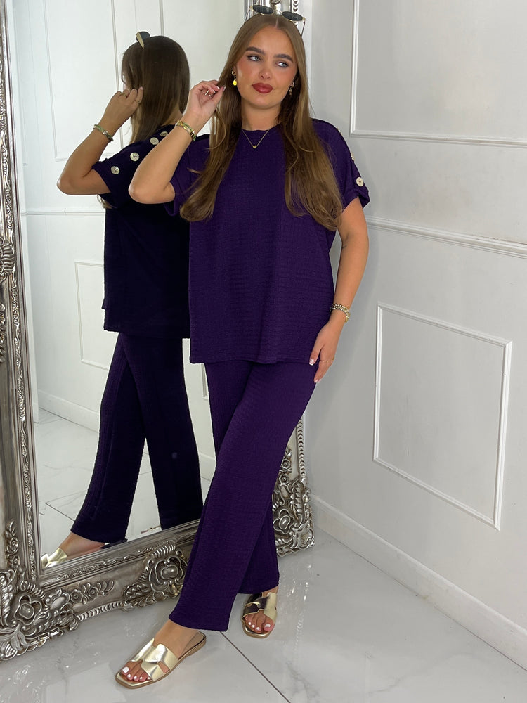 Gold Button Detail Oversized Top & Wide Leg Pants Co-Ord - Plum