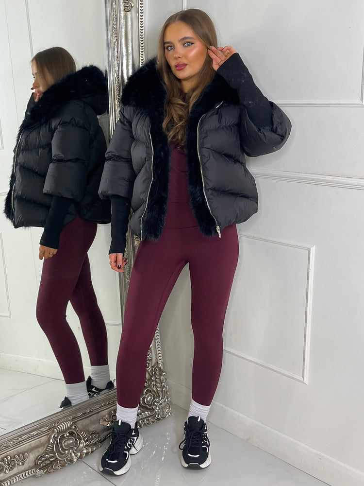 Hooded Puffer Coat With Faux Fur Trim - Black