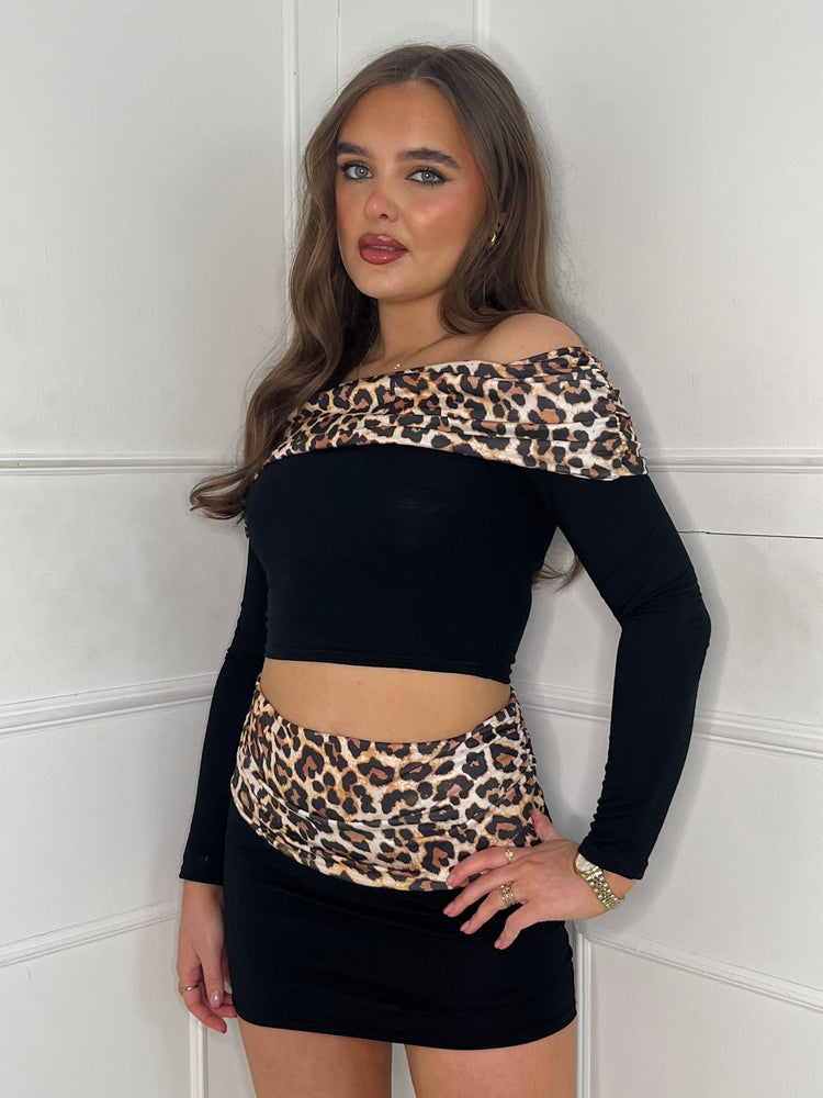 Leopard Fold Over Skirt & Bardot Top Set - Black