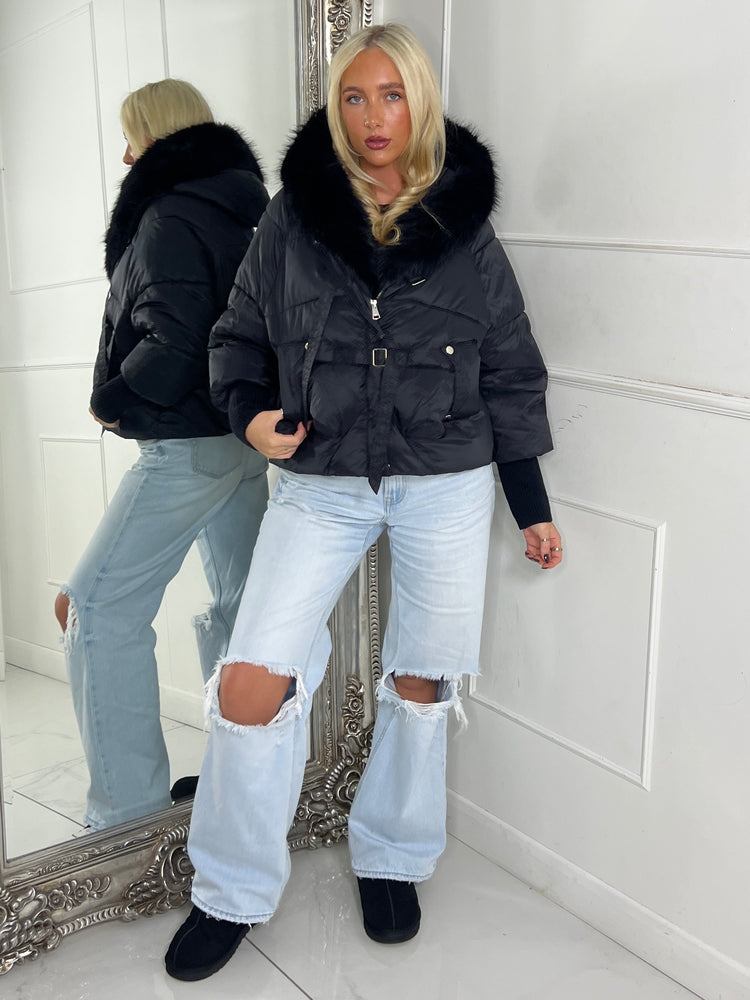 Hooded Faux Fur Puffer Coat With Buckle Detail - Black