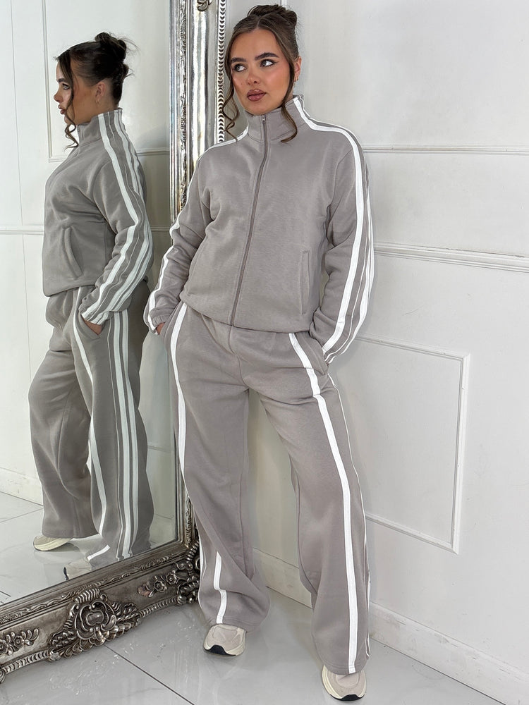 Side Stripe Collared Zip Up Jacket & Joggers Tracksuit - Dove Grey