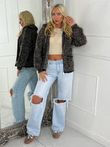 Oversized Collar Pocket Detail Knitted Zip Up Jumper - Brown