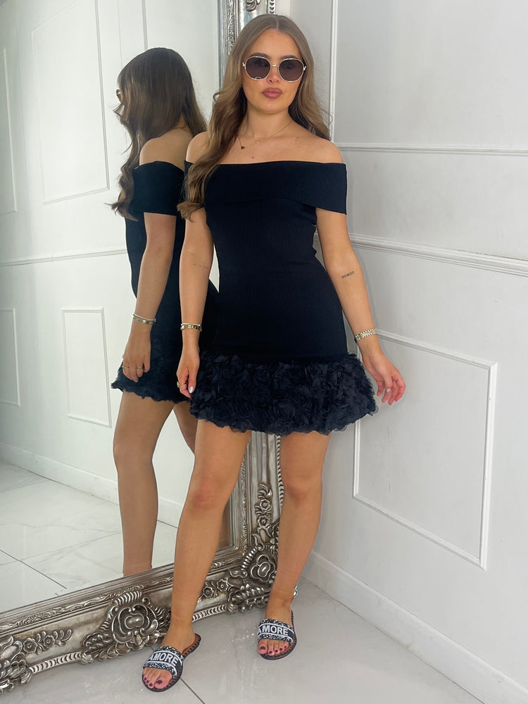 Mesh Ruffle Bottom Off Shoulder Dress - Black