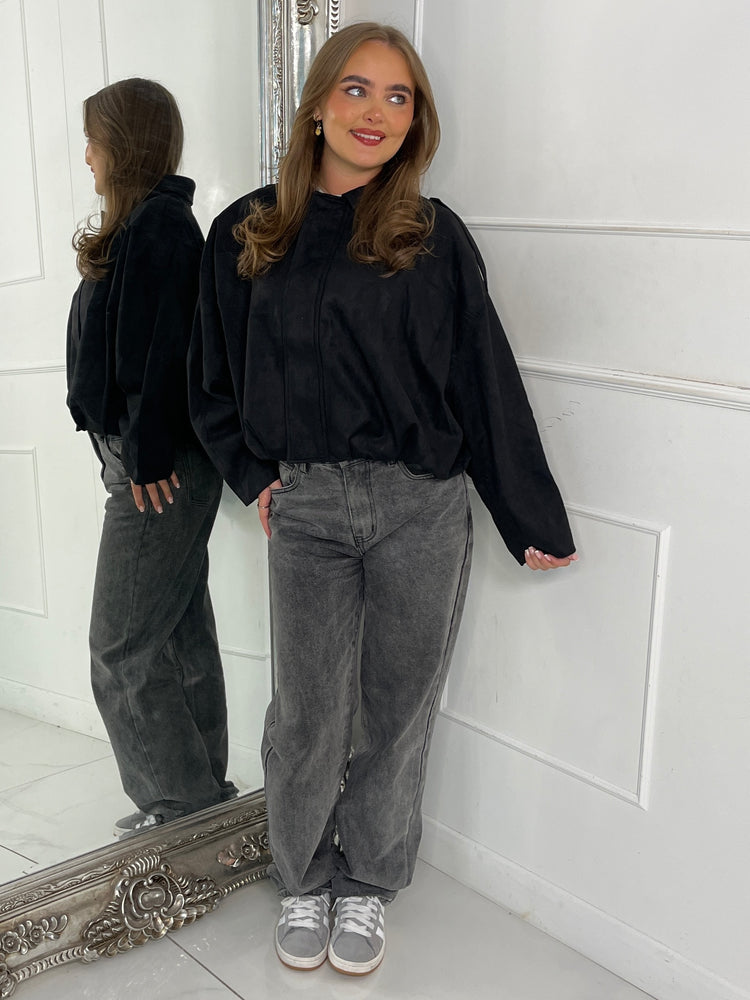 Suede Collared Oversized Bomber Jacket - Black