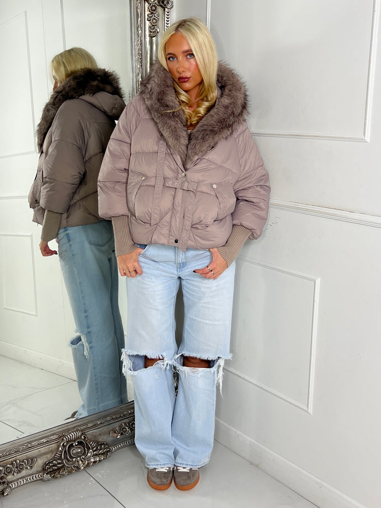 Hooded Faux Fur Puffer Coat With Buckle Detail - Grey/Mauve