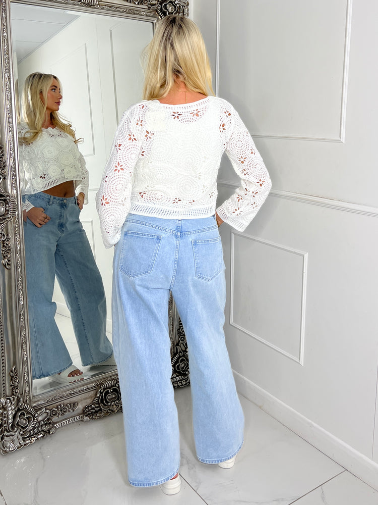 3D Floral Crochet Top - White