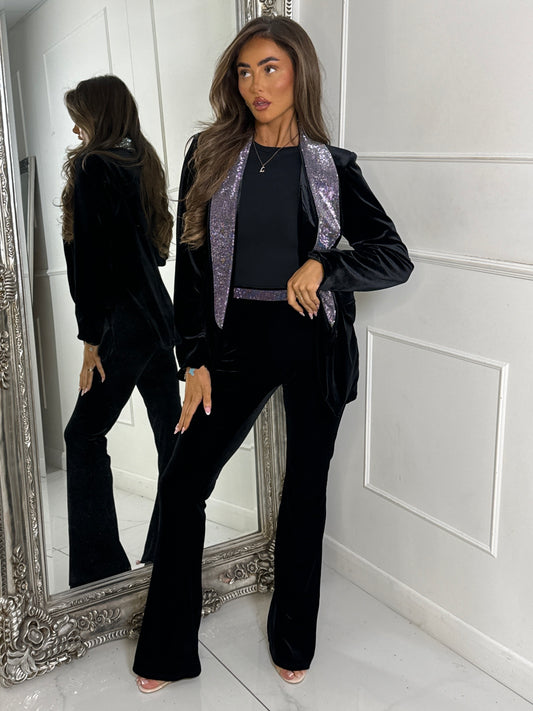 Velvet Diamante Blazer & Flares Set - Black/Silver