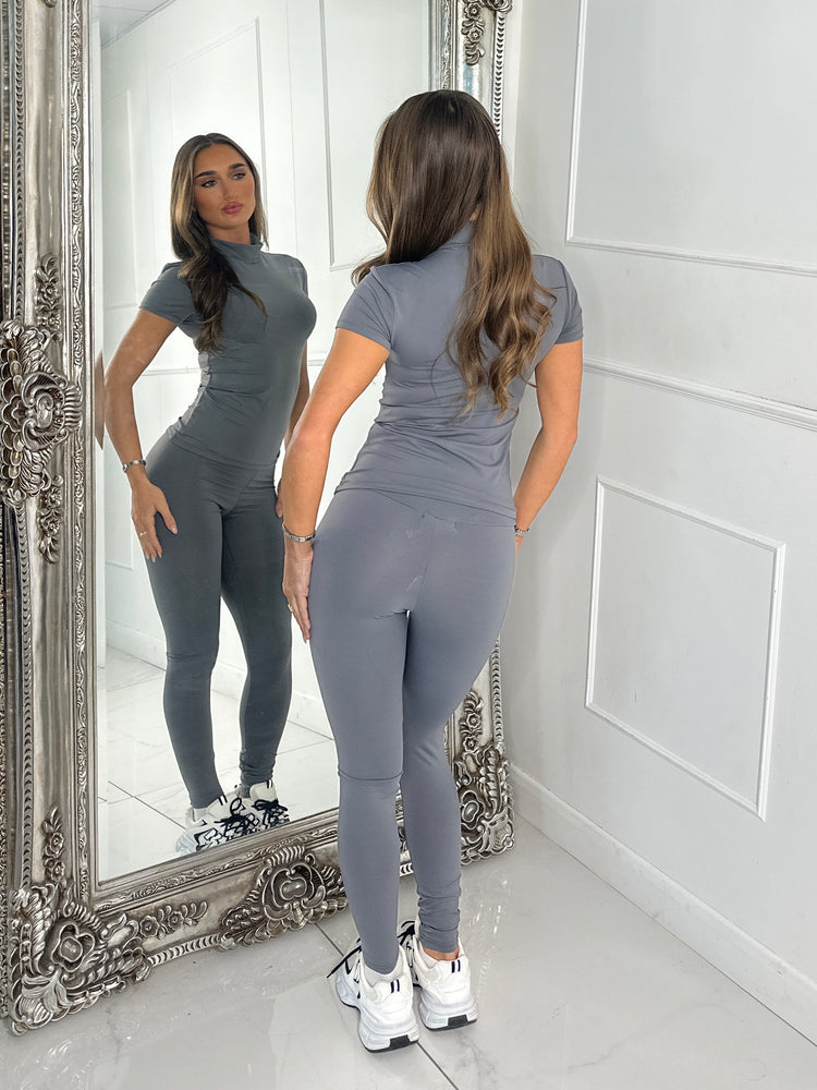 High Neck Second Skin Top & Sculpt Panel Leggings - Charcoal Grey
