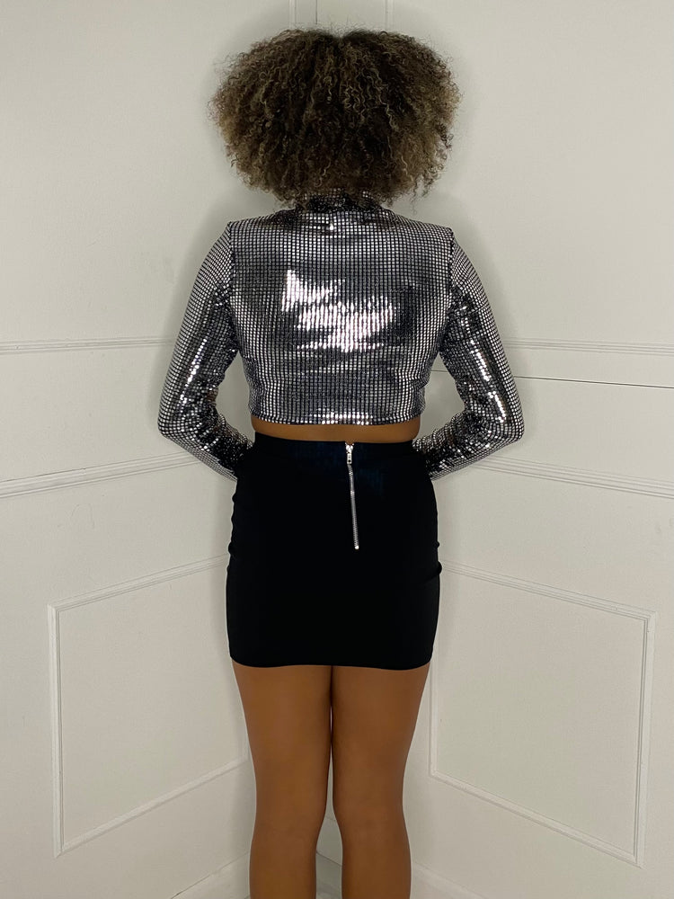 Square Sequin Long Sleeve Top - Silver