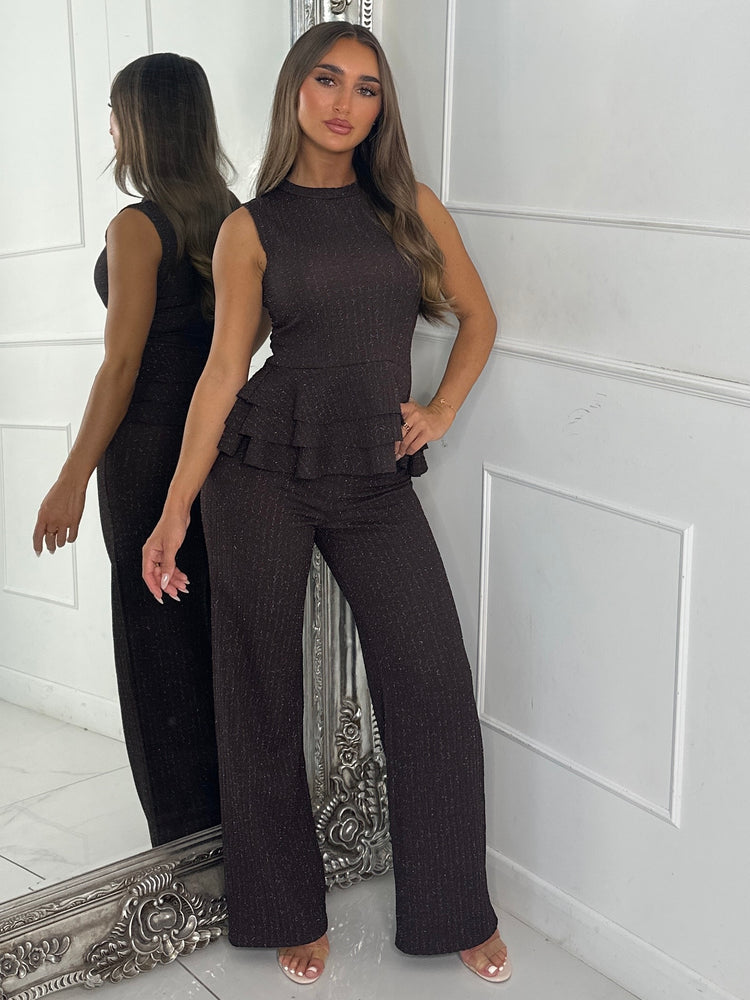 Lurex Knit High Neck Ruffle Top & Flares Co-Ord - Chocolate
