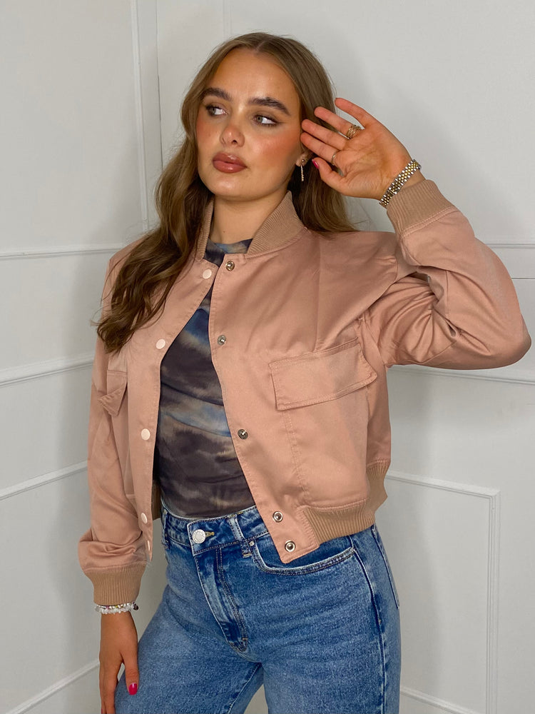 Cropped Pocket Detail Bomber Jacket - Peach