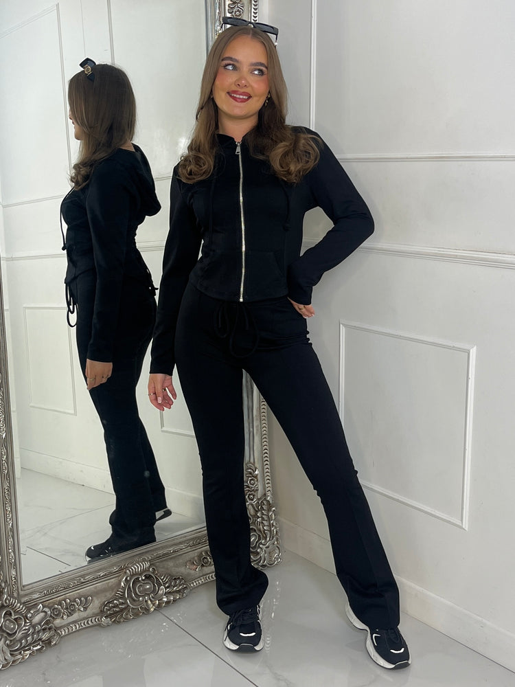 Tie Up Corset Detail Back Hoodie & Seam Detail Flared Pants - Black
