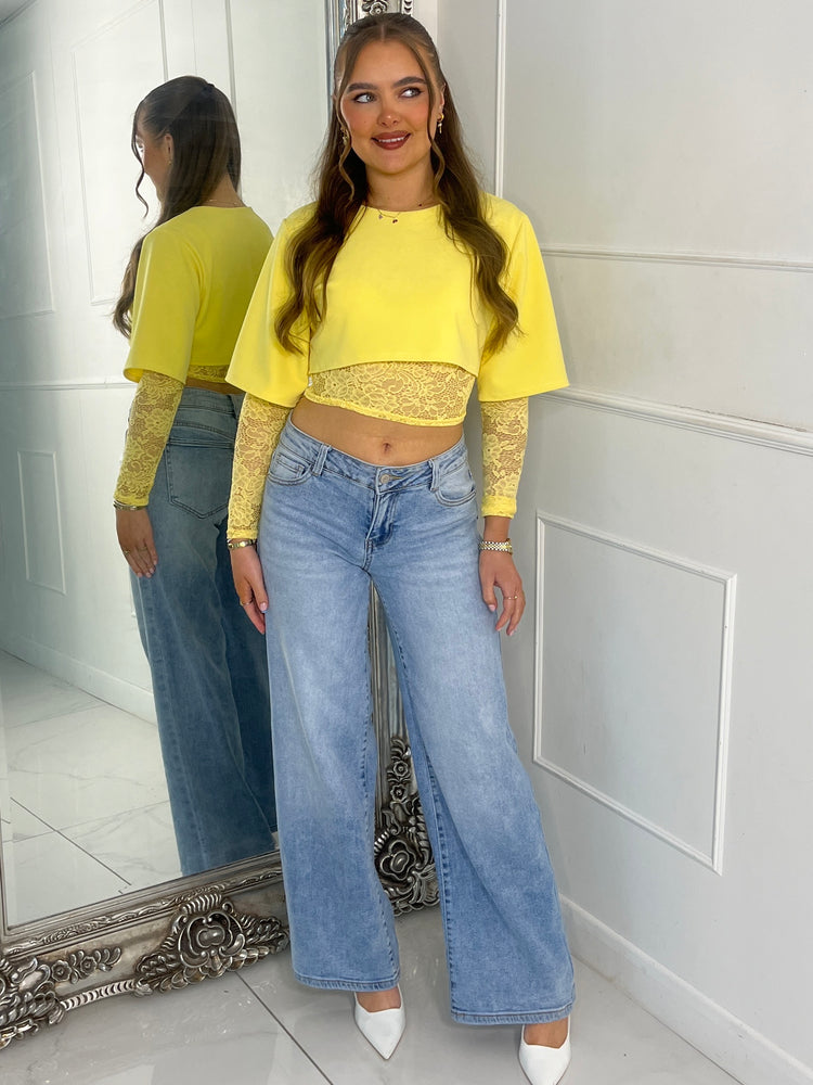 Round Neck Lace Underlayer Long Sleeved Cropped Top - Yellow