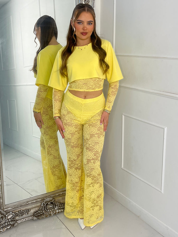 Round Neck Lace Underlayer Long Sleeved Cropped Top & Built In Knicker Underlayer Lace Flares Co-Ord - Yellow