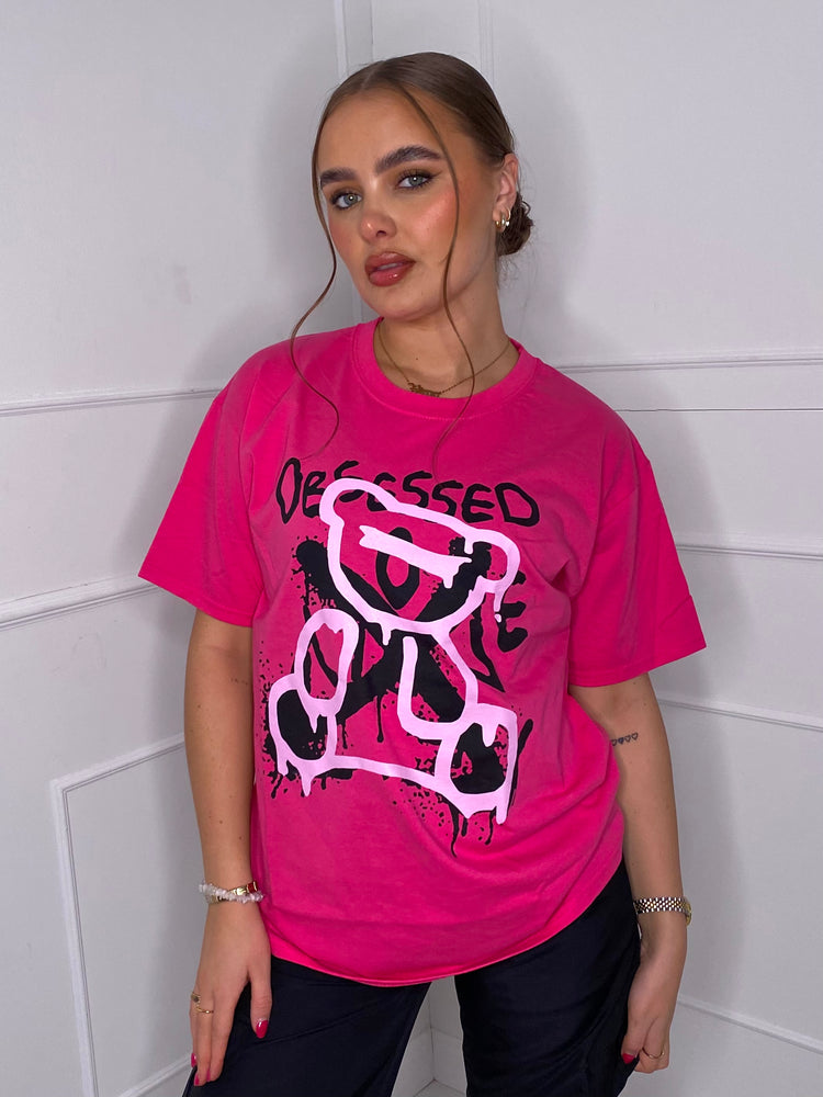 Obsessed Teddy Print T-shirt - Hot Pink