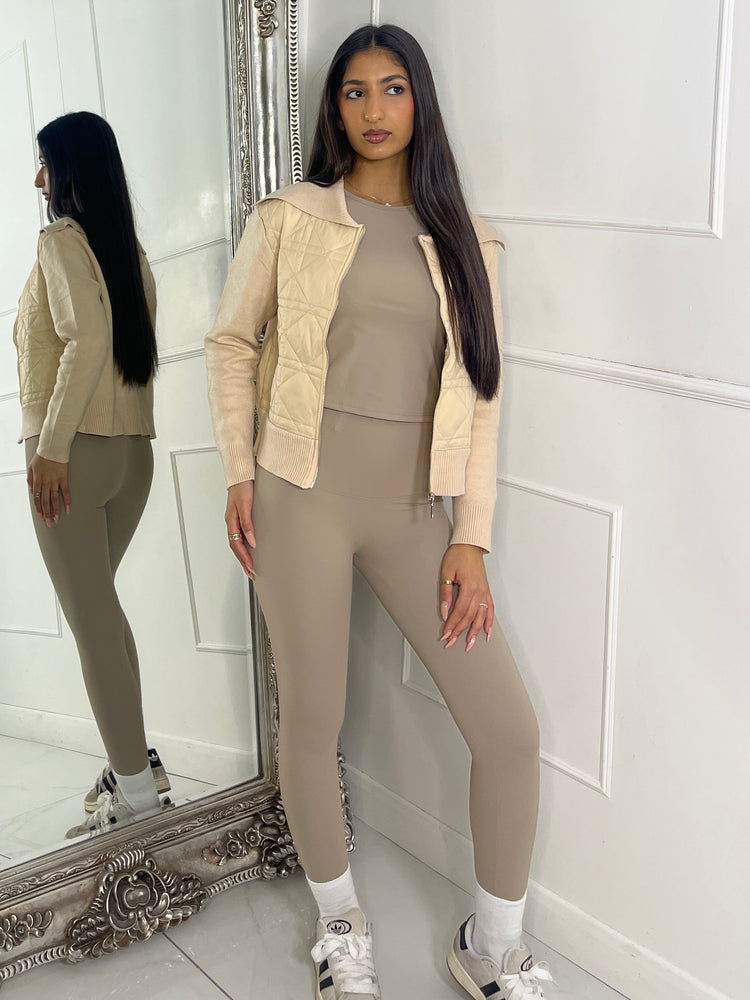 Ribbed Sleeve Padded Jacket - Beige