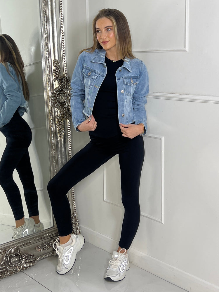 Cropped Distressed Denim Jacket - Light Blue