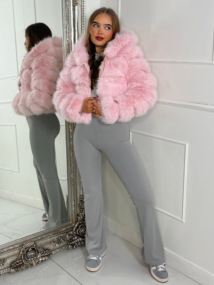 Hooded Faux Fur Tiered Jacket - Baby Pink