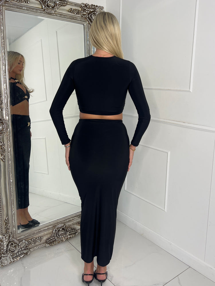 Cut Out Top & Gold Buckle Midi Skirt Co-ord - Black