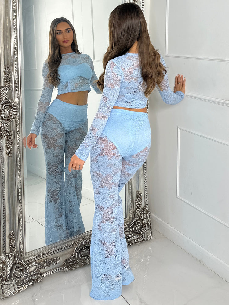Lace Fitted Long Sleeve Top & Built In Knicker Lace Flares Co-Ord - Baby Blue