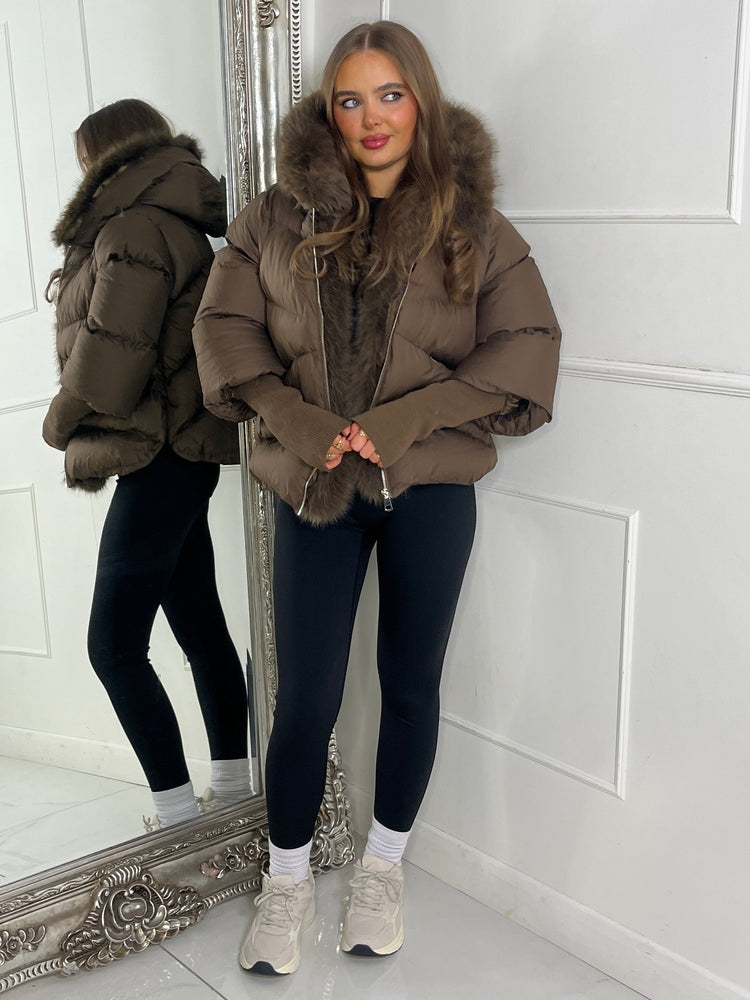 Hooded Puffer Coat With Faux Fur Trim - Brown