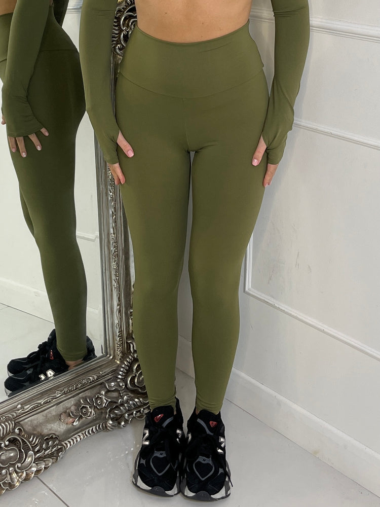 Long Sleeve Second Skin Panel Detail Yoga Top and Leggings Co-Ord - Khaki