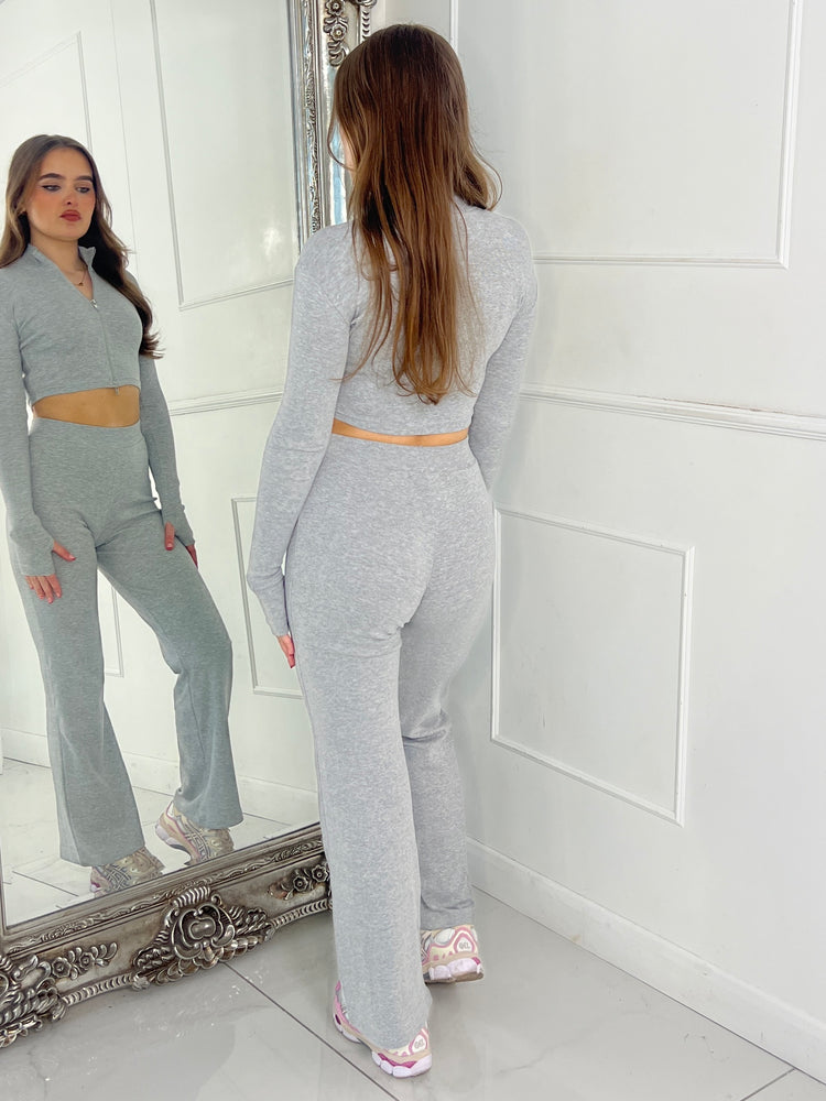 Zip Up Flared Ribbed Loungeset - Grey