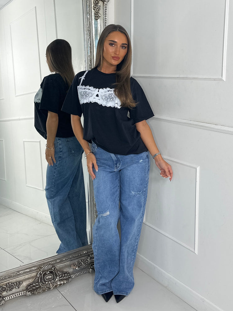 White Bra Print Oversized T-shirt - Black