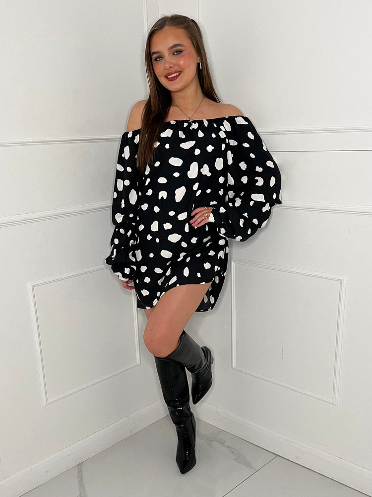 Off Shoulder Summer Dress -Black/White