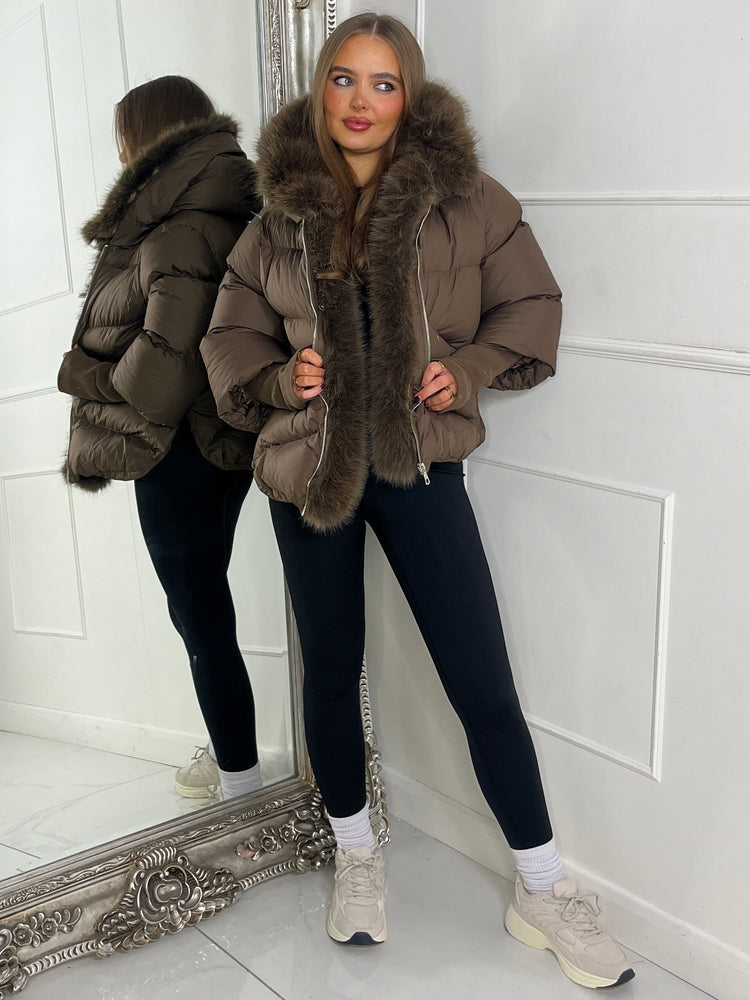 Hooded Puffer Coat With Faux Fur Trim - Brown
