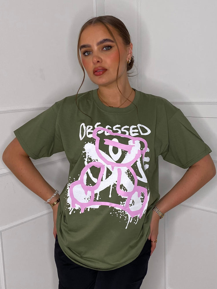 Obsessed Teddy Print T-shirt- Khaki Green