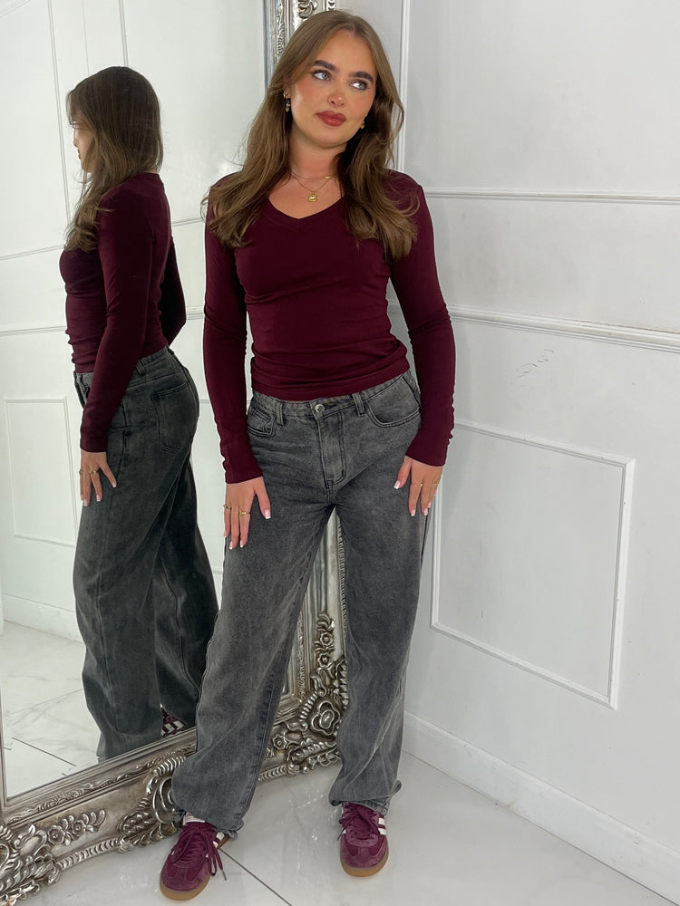 V Neck Long Sleeve Soft Touch Top - Wine