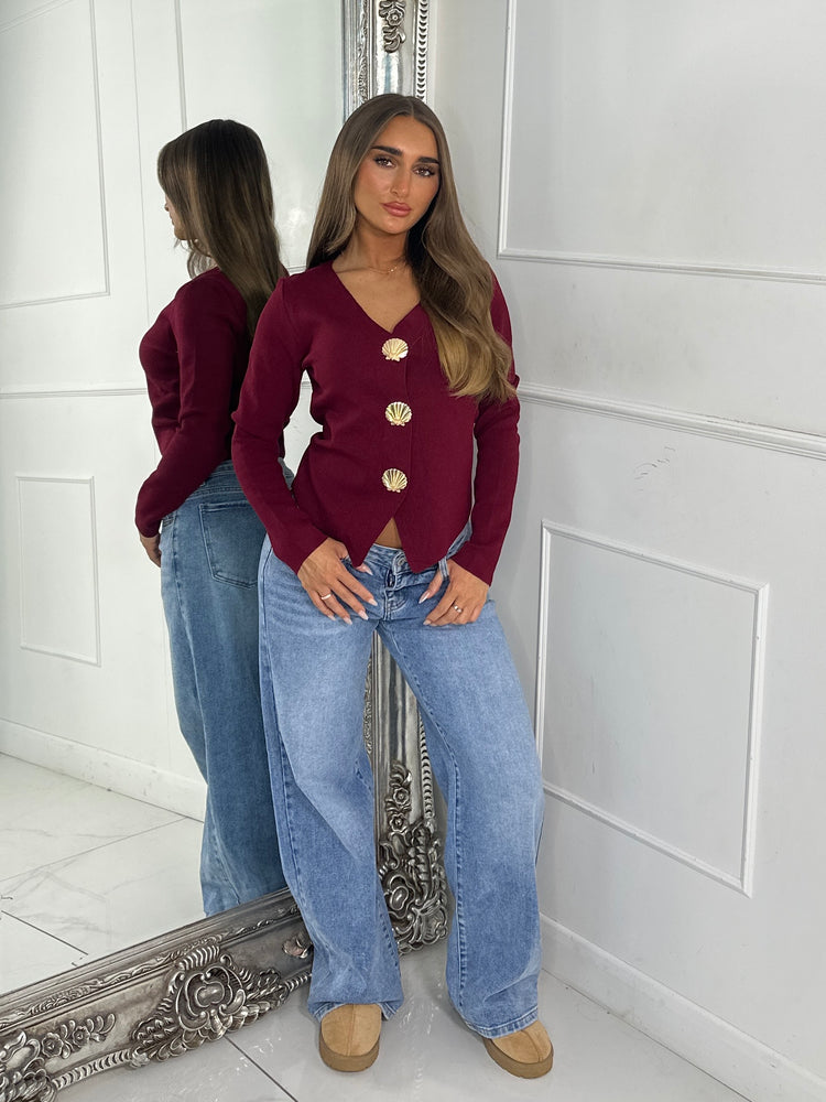 V Neck Sea Shell Detail Long Sleeve Jumper - Wine