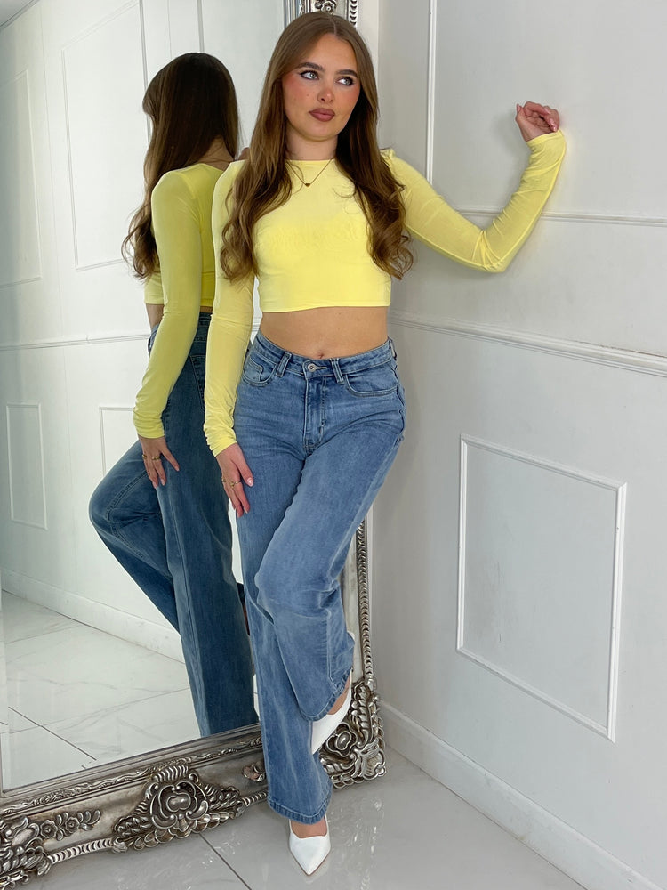Padded Shoulder Long Sleeve Crop Top - Yellow