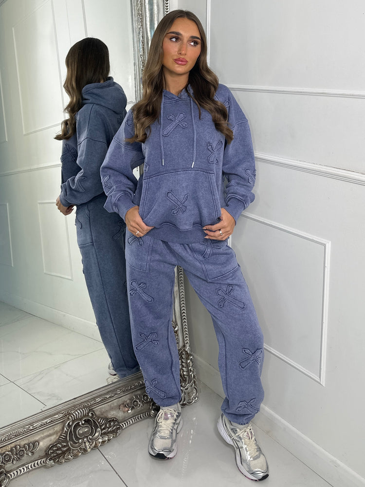 Embroidered Cross Hoodie & Joggers Set -Acid Blue
