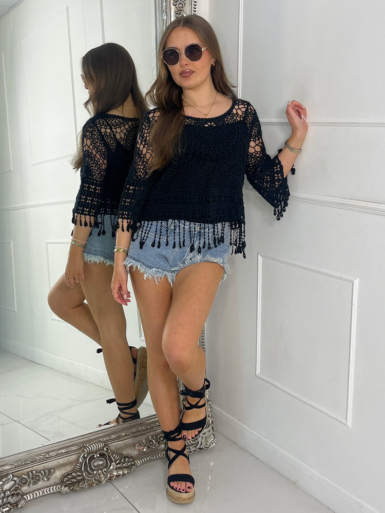 Short Sleeve Crochet Top With Sheer Vest Underlay - Black