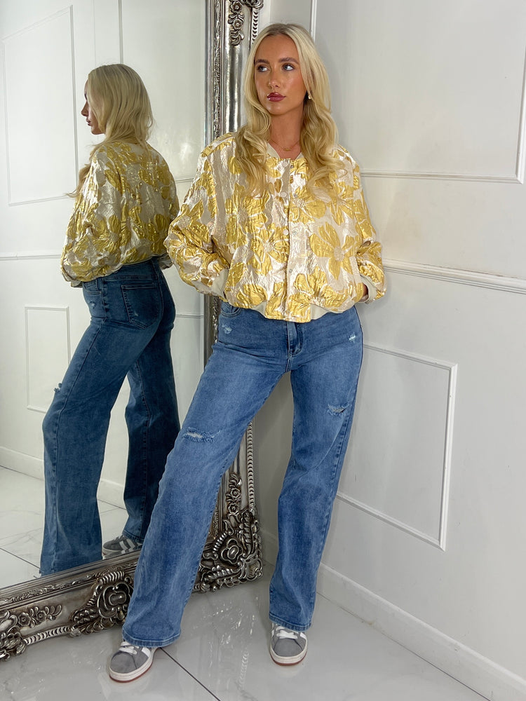 3D Floral Bomber Jacket - Yellow/ Gold